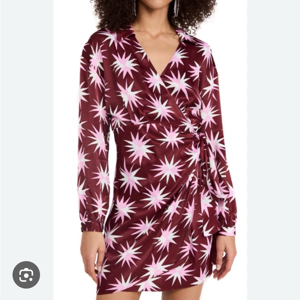 Kitri Wrap Dress in Burgundy with Pink Starburst Print
